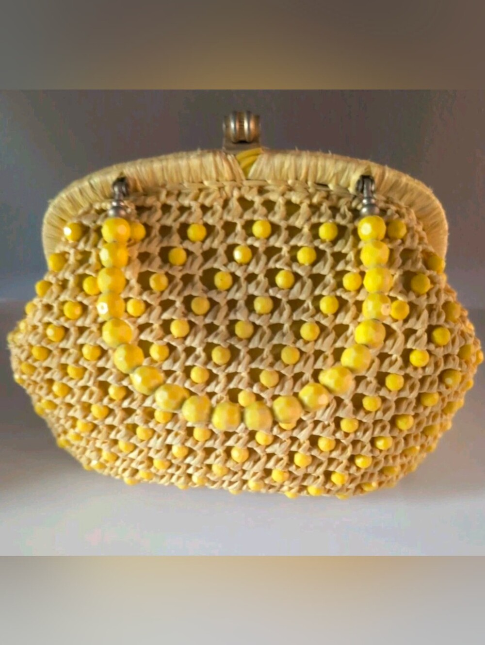 Vintage 1960's Yellow Rafia & Beaded Hand Bag W/ Kiss Lock Clasp